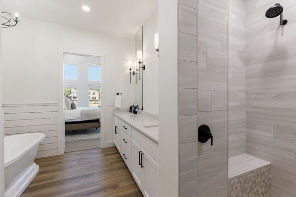 Bathroom, Bedroom, Dual Sink Vanities, Free Standing Baths, Interior, Recessed Lighting, Wood Texture Flooring