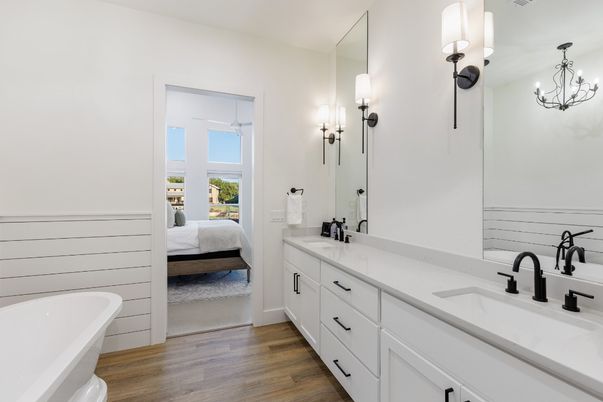 Bathroom, Bedroom, Chandelier, Dual Sink Vanities, Interior, Wood Texture Flooring