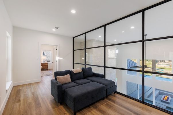 Fireplace, Interior, Living room, Recessed Lighting, Wood Texture Flooring