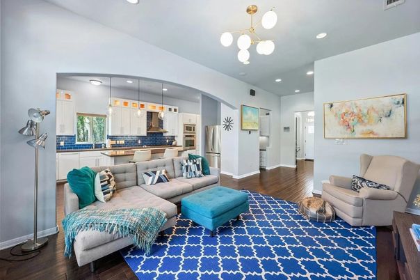 Interior, Kitchen, Living room, Pendant Lights, Recessed Lighting, Stainless Steel Appliances, Wood Texture Flooring