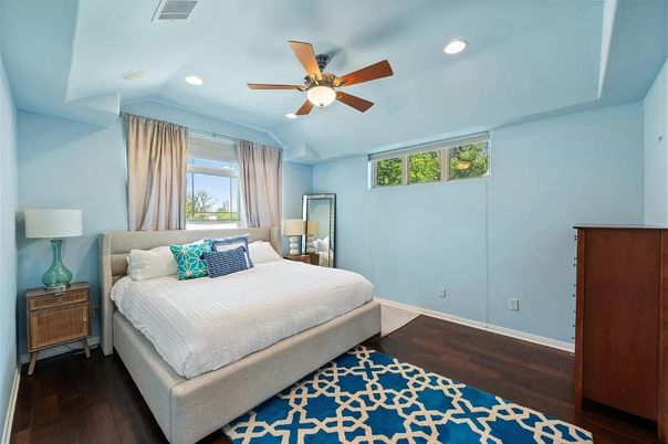 Bedroom, Interior, Recessed Lighting, Wood Texture Flooring