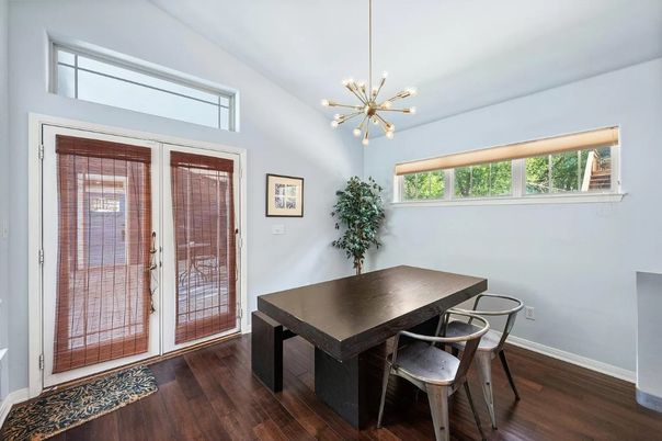 Dining room, Interior, Pendant Lights, Wood Texture Flooring