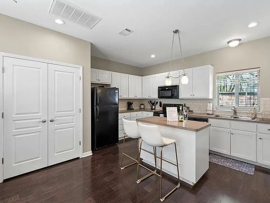 Interior, Kitchen, Pendant Lights, Recessed Lighting, Wood Texture Flooring