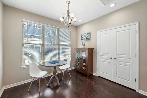 Chandelier, Dining room, Interior, Recessed Lighting, Wood Texture Flooring