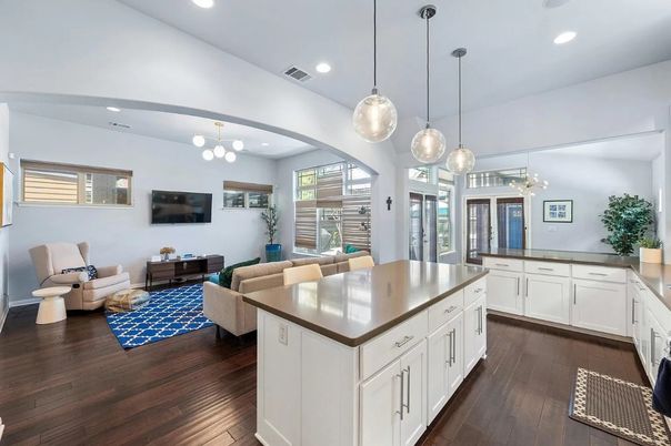 Interior, Kitchen, Living room, Pendant Lights, Recessed Lighting, Wood Texture Flooring