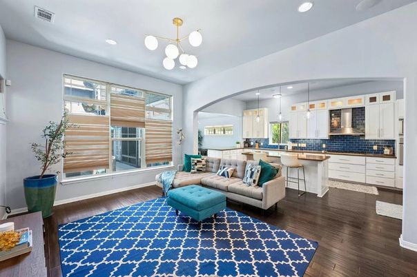 Interior, Kitchen, Living room, Pendant Lights, Recessed Lighting, Wood Texture Flooring