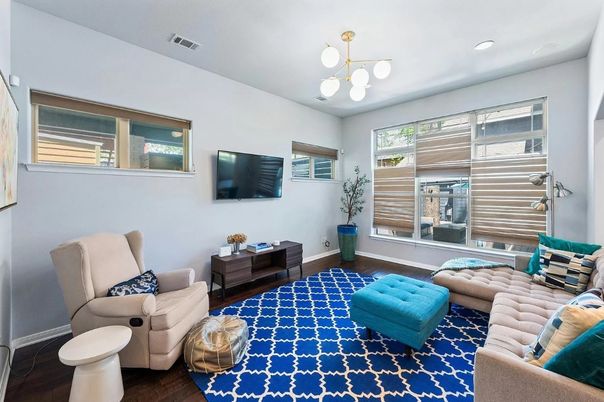 Interior, Living room, Pendant Lights, Recessed Lighting, Wood Texture Flooring