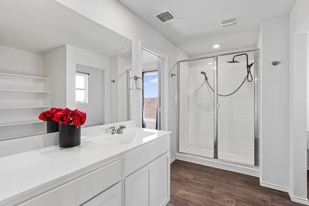 Bathroom, Glass Shower, Interior, Recessed Lighting, Wood Texture Flooring