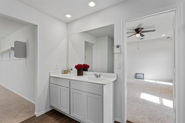 Bathroom, Dual Sink Vanities, Interior, Recessed Lighting, Wood Texture Flooring