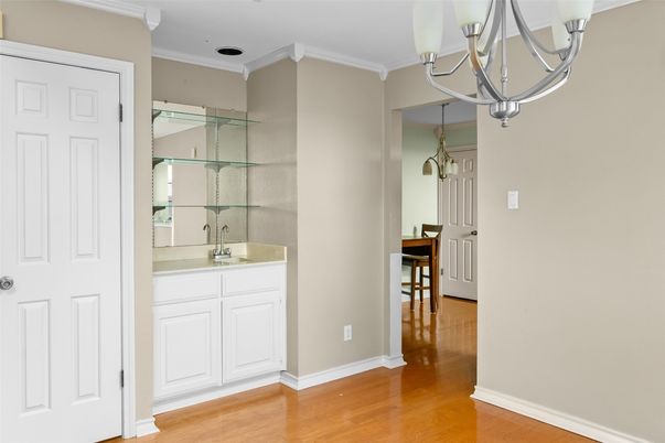 Bathroom, Chandelier, Glass Shower, Interior, Wood Texture Flooring
