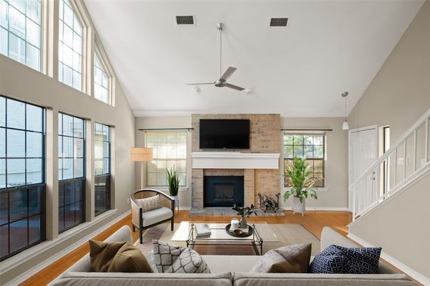 Fireplace, Interior, Living room, Pendant Lights, Stone Walls, Wood Texture Flooring