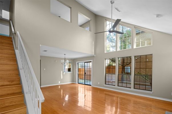 Chandelier, Empty room, Interior, Pendant Lights, Wood Texture Flooring