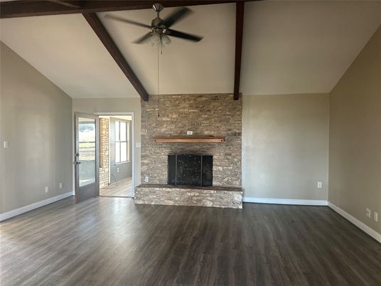 Empty room, Fireplace, Interior, Stone Walls, Wooden Beams, Wood Texture Flooring