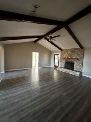Empty room, Fireplace, Interior, Stone Walls, Wooden Beams, Wood Texture Flooring
