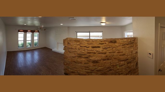 Empty room, Interior, Recessed Lighting, Stone Walls, Wood Texture Flooring