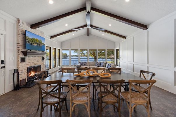 Dining room, Fireplace, Interior, Recessed Lighting, Stone Walls, Wooden Beams