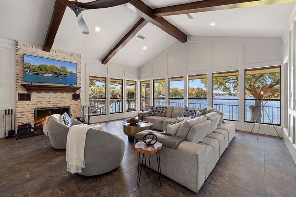 Fireplace, Interior, Living room, Recessed Lighting, Stone Walls, Wooden Beams