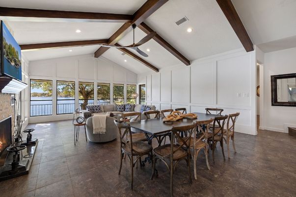 Dining room, Fireplace, Interior, Living room, Recessed Lighting, Wooden Beams