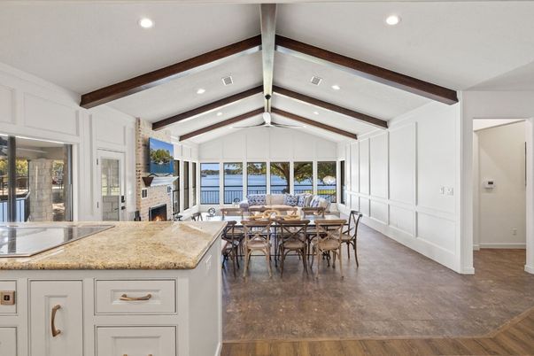 Dining room, Fireplace, Interior, Recessed Lighting, Wooden Beams, Wood Texture Flooring