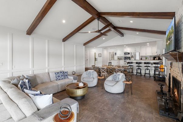 Fireplace, Interior, Kitchen, Living room, Recessed Lighting, Stainless Steel Appliances, Wooden Beams