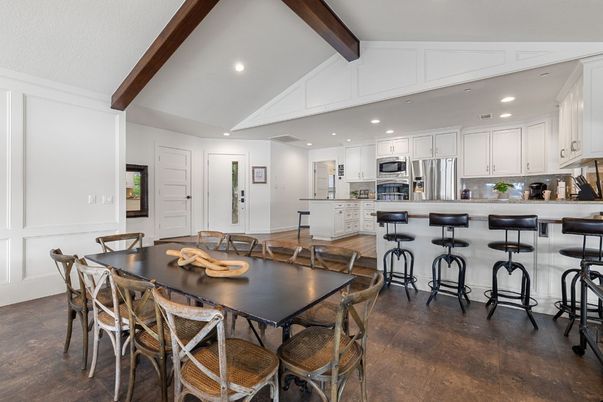 Dining room, Interior, Kitchen, Recessed Lighting, Stainless Steel Appliances, Wooden Beams, Wood Texture Flooring