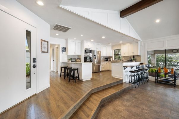 Interior, Kitchen, Recessed Lighting, Stainless Steel Appliances, Wooden Beams, Wood Texture Flooring