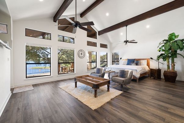 Bedroom, Interior, Recessed Lighting, Wooden Beams, Wood Texture Flooring
