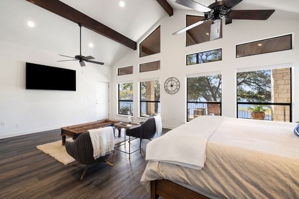 Bedroom, Interior, Recessed Lighting, Wooden Beams, Wood Texture Flooring