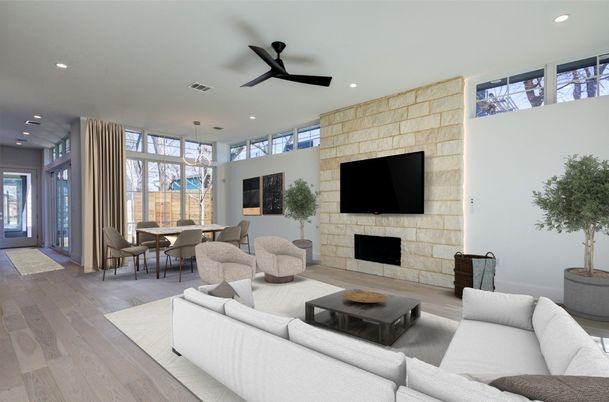 Dining room, Fireplace, Interior, Living room, Pendant Lights, Recessed Lighting, Stone Walls, Wood Texture Flooring