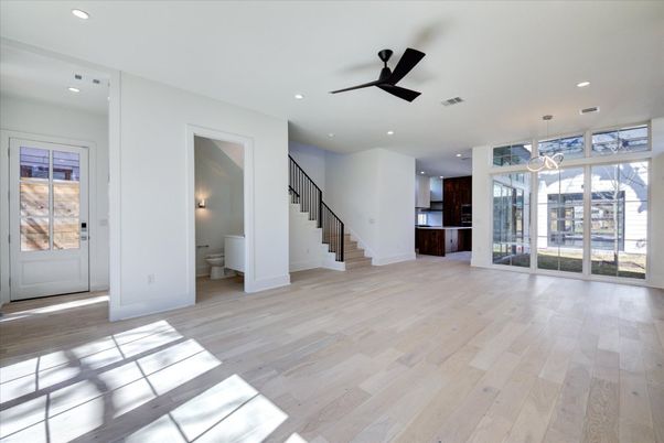 Empty room, Interior, Pendant Lights, Recessed Lighting, Wood Texture Flooring
