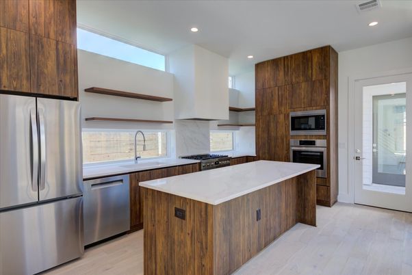 Interior, Kitchen, Recessed Lighting, Stainless Steel Appliances, Wood Texture Flooring
