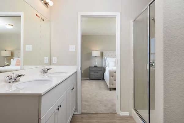 Bathroom, Bedroom, Glass Shower, Interior, Wood Texture Flooring