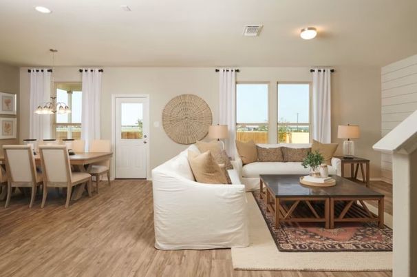 Dining room, Interior, Living room, Pendant Lights, Recessed Lighting, Wood Texture Flooring