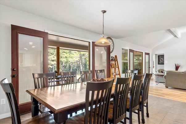 Dining room, Interior, Living room, Pendant Lights, Wood Texture Flooring