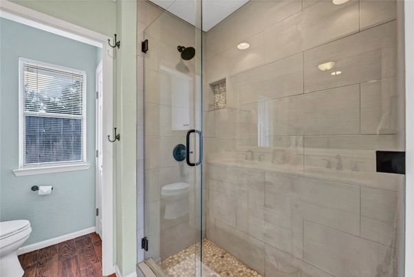Bathroom, Glass Shower, Interior, Wood Texture Flooring