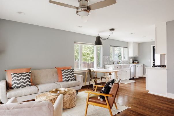 Dining room, Interior, Kitchen, Living room, Pendant Lights, Wood Texture Flooring