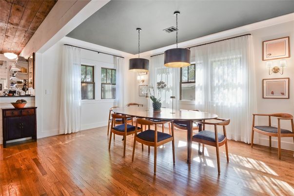 Dining room, Interior, Pendant Lights, Wood Texture Flooring