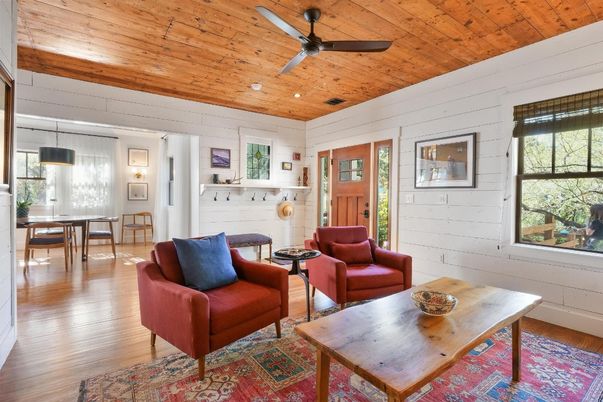 Dining room, Interior, Living room, Pendant Lights, Recessed Lighting, Wooden Ceilings, Wood Texture Flooring