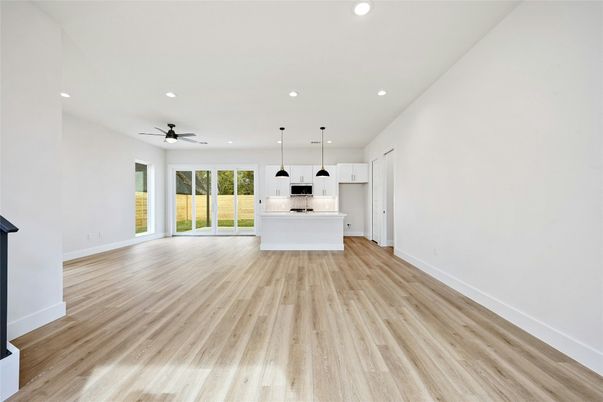 Empty room, Interior, Kitchen, Pendant Lights, Recessed Lighting, Wood Texture Flooring