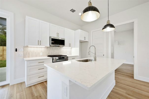 Interior, Kitchen, Pendant Lights, Stainless Steel Appliances, Wood Texture Flooring