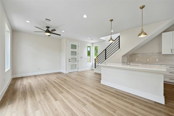 Empty room, Interior, Pendant Lights, Recessed Lighting, Wood Texture Flooring