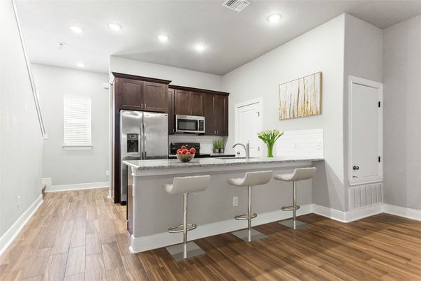 Interior, Kitchen, Recessed Lighting, Stainless Steel Appliances, Wood Texture Flooring