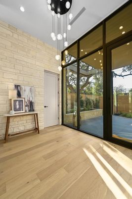 Empty room, Interior, Pendant Lights, Recessed Lighting, Stone Walls, Wood Texture Flooring