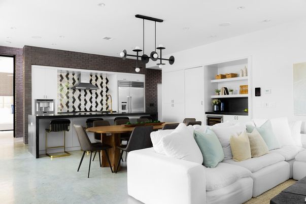 Dining room, Interior, Kitchen, Living room, Pendant Lights, Recessed Lighting, Stainless Steel Appliances
