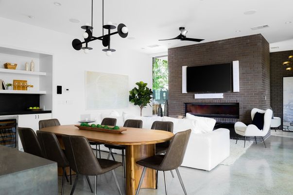 Dining room, Fireplace, Interior, Living room, Pendant Lights, Recessed Lighting, Stone Walls