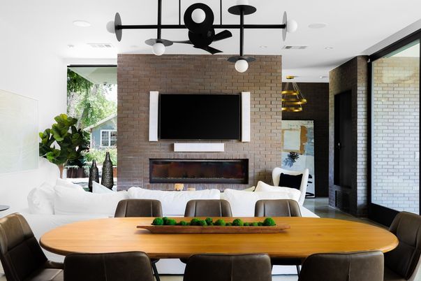 Dining room, Fireplace, Interior, Living room, Pendant Lights, Recessed Lighting, Stone Walls