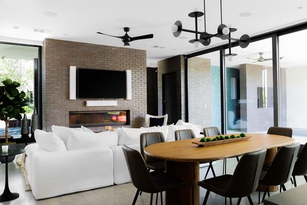 Dining room, Fireplace, Interior, Living room, Pendant Lights, Stone Walls