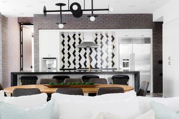 Dining room, Interior, Kitchen, Pendant Lights, Recessed Lighting, Stainless Steel Appliances, Stone Walls