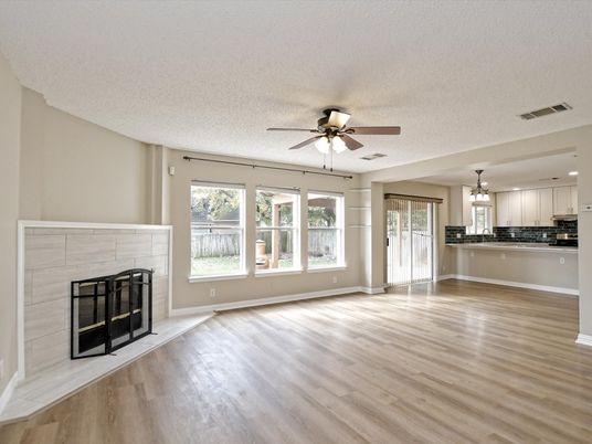 Empty room, Fireplace, Interior, Kitchen, Pendant Lights, Wood Texture Flooring