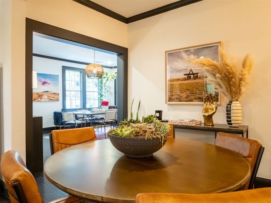 Dining room, Interior, Pendant Lights, Wood Texture Flooring